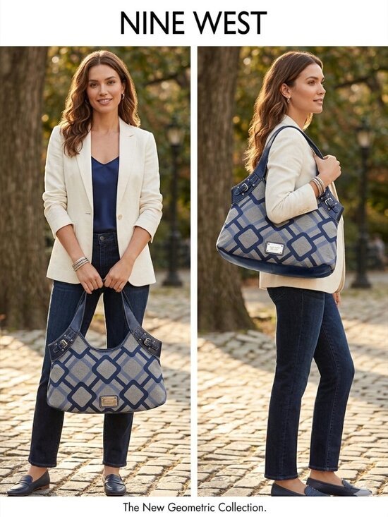 Nine West Handbags - Nine West Blue & Gray Geometric Canvas Hobo Bag – Navy Trim – Silver Hardware
